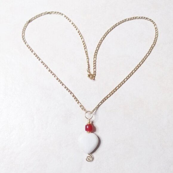 Hand Crafted Jewelry - A Heart of Stone! White, Red & Gold Edition - 20" Necklace! Boho Casual & Sweet